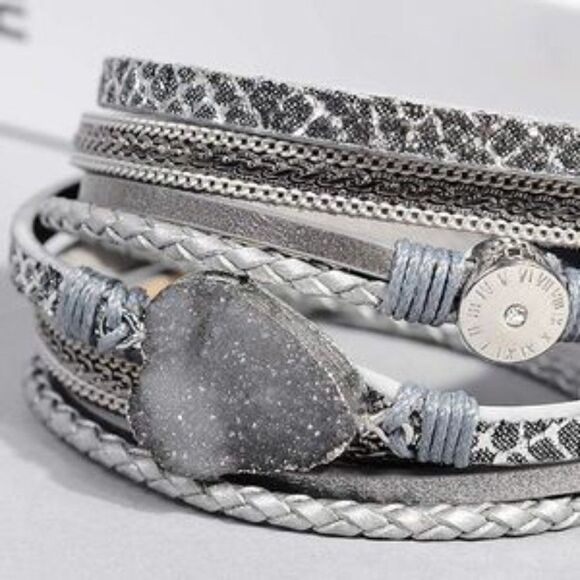 New  Boho Leather Druzy Stone Bracelet - Picture 1 of 4